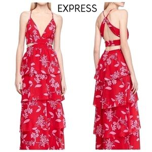 Red floral cut out maxi dress